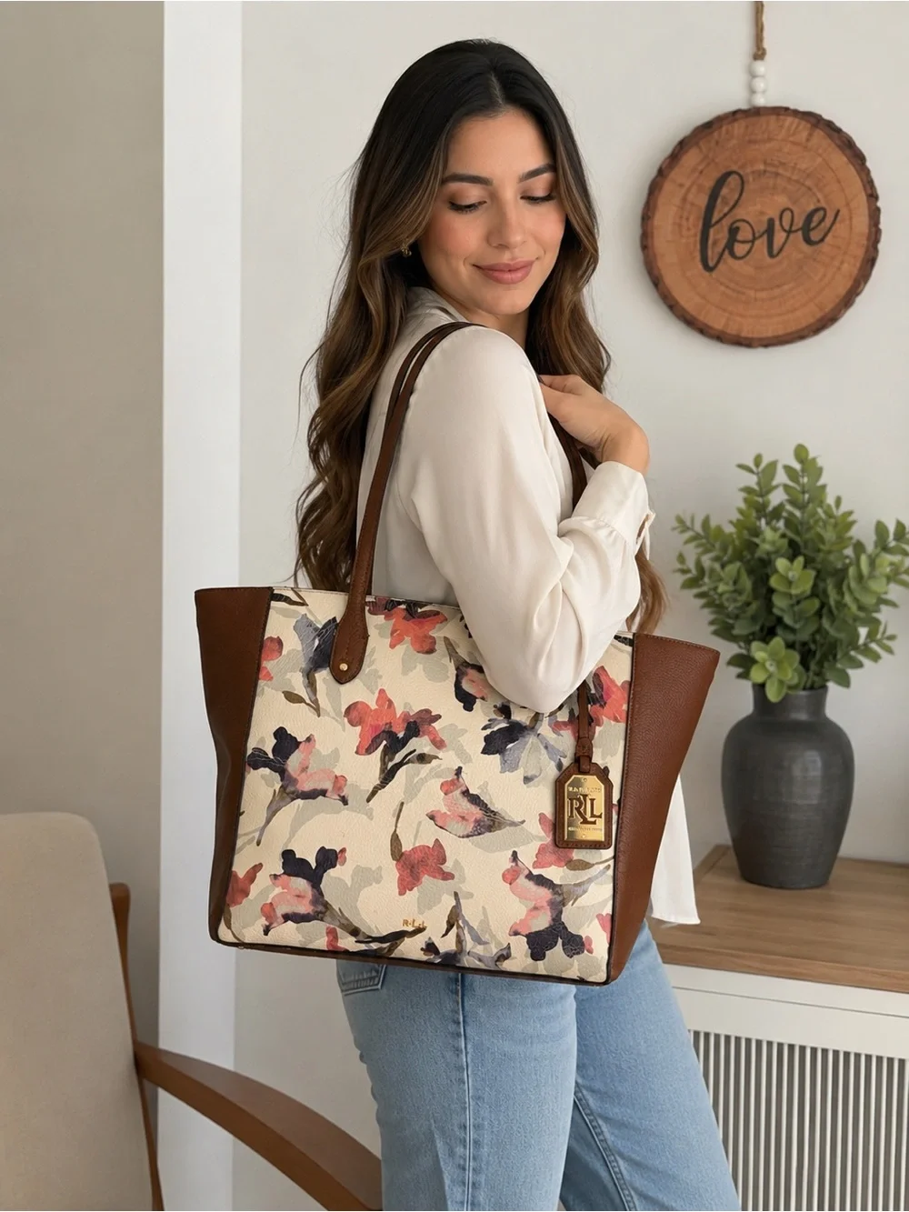 Ralph Lauren Floral Canvas Tote in Cream, Brown, Pink and Navy